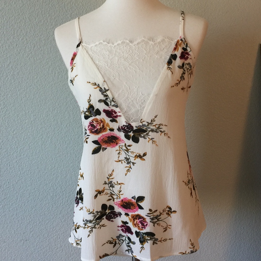 SALE Floral Cream Cami Tank Lace Inset V Neck, NWT